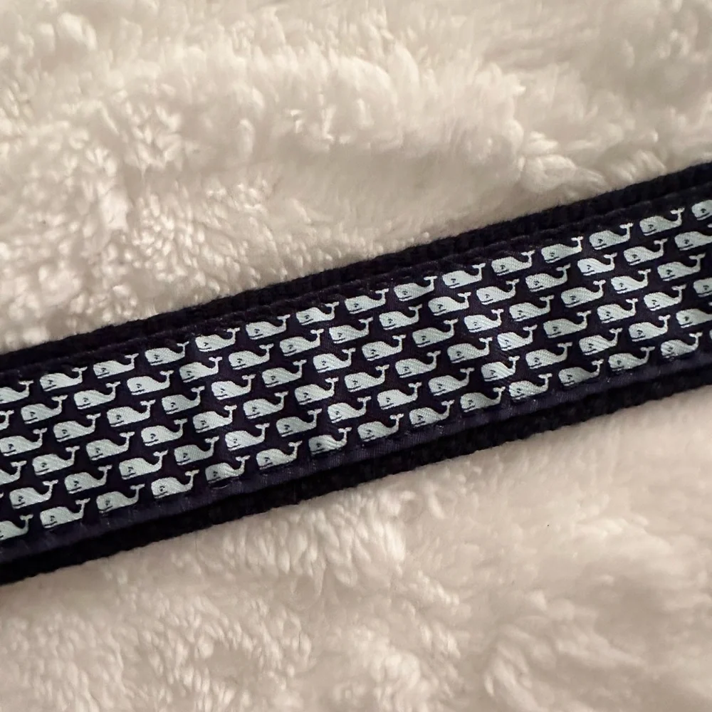 Vineyard Vines Boys Navy Whale Print Belt with Brown Leather & Gold Buckle NWOT